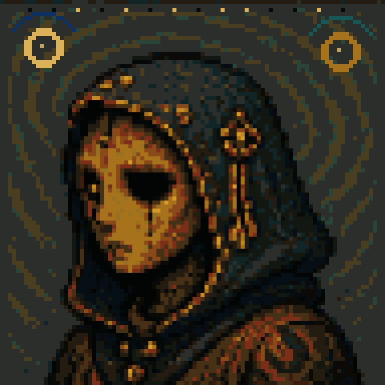 Gogh Punk 1, hooded portrait beneath twin suns