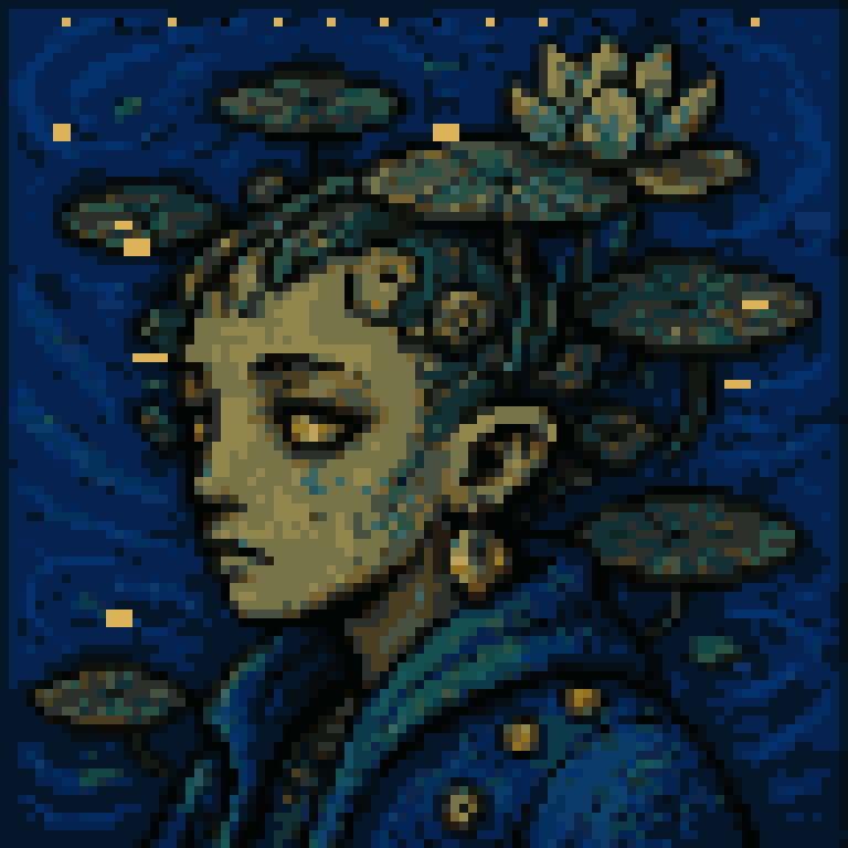 Gogh Punk 36, water-lily portrait under twin moons