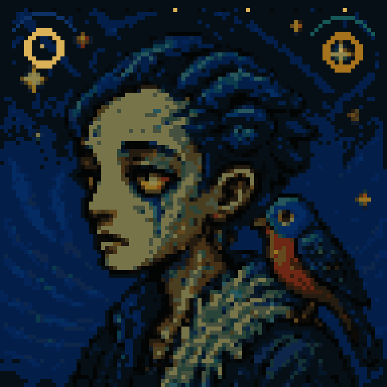 Gogh Punk 38, fiery-haired punk beneath a starry sky