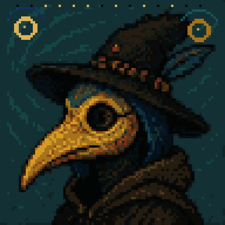 Gogh Punk 49, plague-doctor portrait beneath a crescent moon