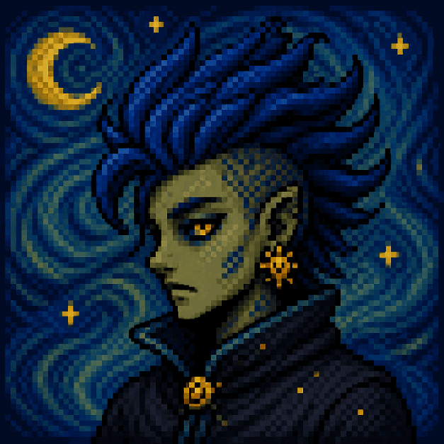 Animated blue Gogh Punk portrait beneath a swirling starry sky